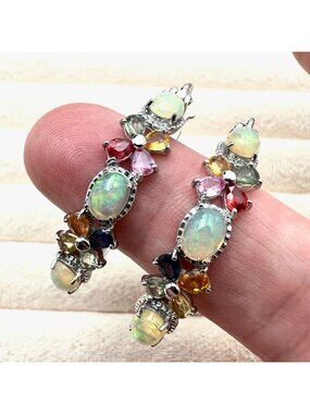 D Joy Opal Multi Gemstone Sterling Silver Hoop Earrings 1.5 Inch Pierced